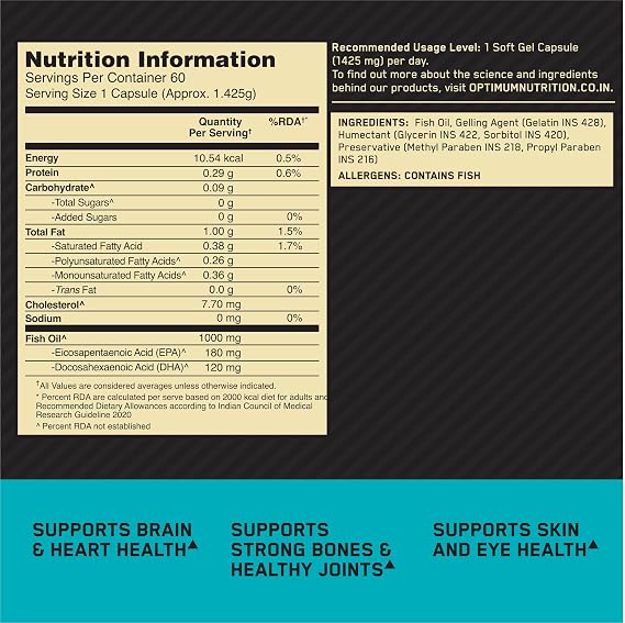 Optimum Nutrition (ON) Fish Oil - 60 Capsules, 300mg EPA/DHA Omega -3 Fatty Acids for Strong Bones-Healthy Joints, Brain, Heart, Skin & Eye Health