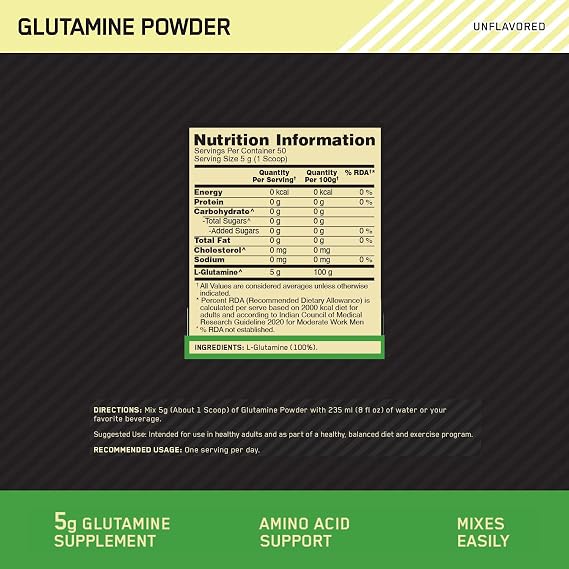 Optimum Nutrition (ON) L-Glutamine Powder- 250 Gram, 50 Serves, 5g Glutamine per serve for Amino Acid Support & Muscle Recovery, Unflavoured.