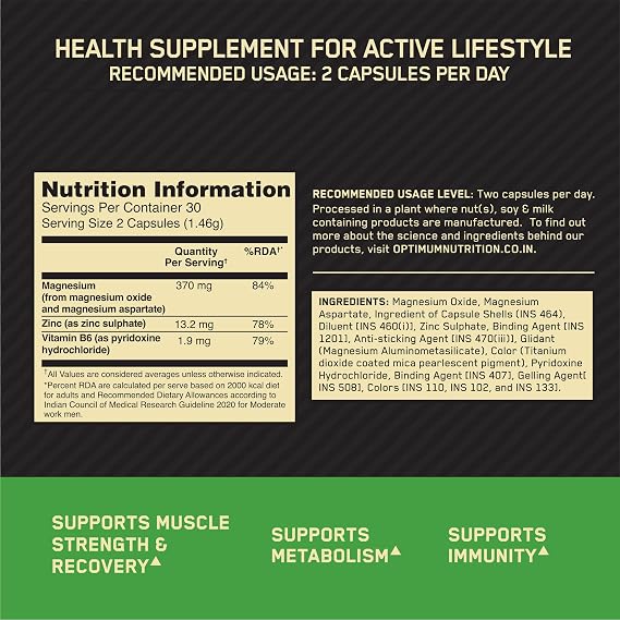 Optimum Nutrition (ON) Zinc Magnesium Aspartate (ZMA) - 60 Capsules, Muscle Strength, Metabolism, Immunity, Vegetarian