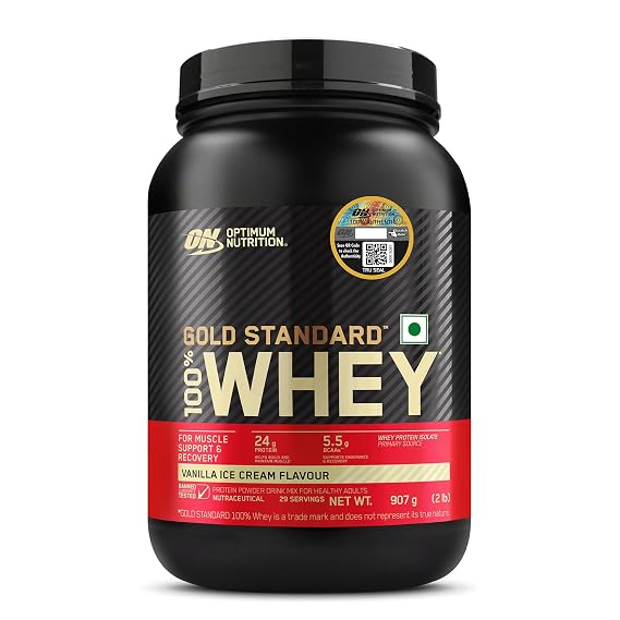 Optimum Nutrition (ON) Gold Standard 100% Whey Protein Powder 2 lbs, 907 g (Vanilla Ice Cream), for Muscle Support & Recovery, Vegetarian - Primary Source Whey Isolate