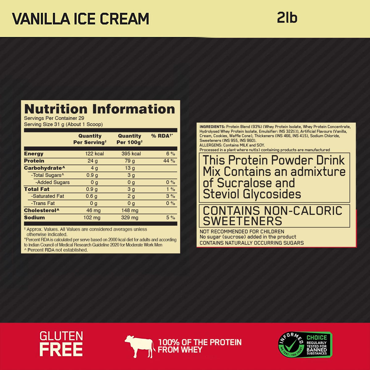 Optimum Nutrition (ON) Gold Standard 100% Whey Protein Powder 2 lbs, 907 g (Vanilla Ice Cream), for Muscle Support & Recovery, Vegetarian - Primary Source Whey Isolate