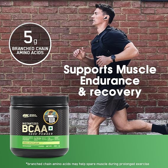 Optimum Nutrition BCAA, 5g BCAAs in 2:1:1 Ratio, 30 servings, For Muscle Recovery & Endurance, Intra workout, Informed Choice certified (250gm, Green Apple)