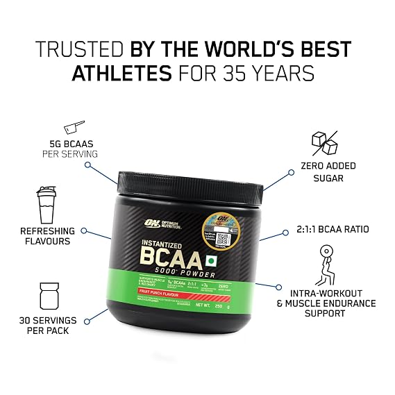 Optimum Nutrition BCAA, 5g BCAAs in 2:1:1 Ratio, 30 servings, For Muscle Recovery & Endurance, Intra workout, Informed Choice certified (250gm, Fruit Punch)