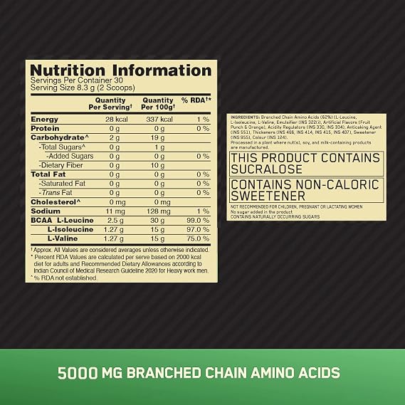 Optimum Nutrition BCAA, 5g BCAAs in 2:1:1 Ratio, 30 servings, For Muscle Recovery & Endurance, Intra workout, Informed Choice certified (250gm, Fruit Punch)