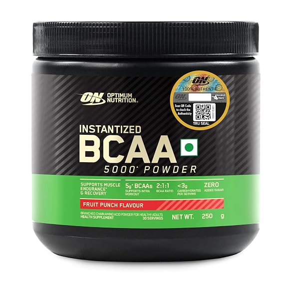 Optimum Nutrition BCAA, 5g BCAAs in 2:1:1 Ratio, 30 servings, For Muscle Recovery & Endurance, Intra workout, Informed Choice certified (250gm, Fruit Punch)