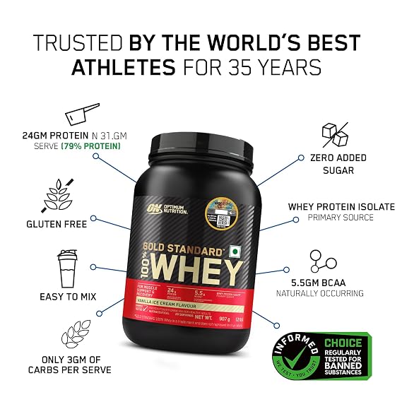 Optimum Nutrition (ON) Gold Standard 100% Whey Protein Powder 2 lbs, 907 g (Vanilla Ice Cream), for Muscle Support & Recovery, Vegetarian - Primary Source Whey Isolate