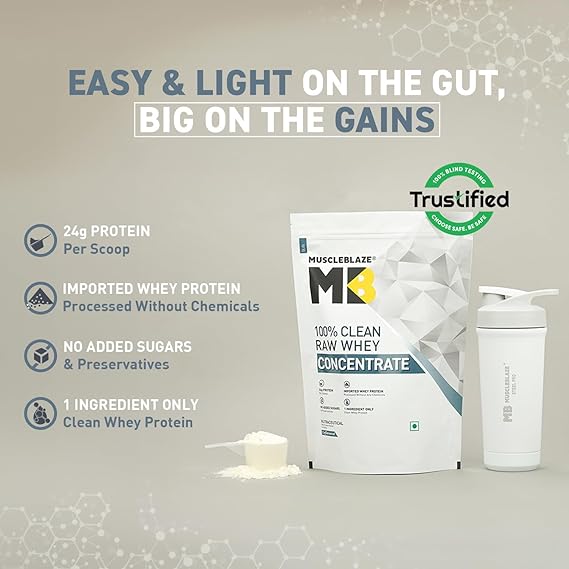 MuscleBlaze 100% Clean Raw Whey Protein Concentrate, 1kg (2.2lbs)