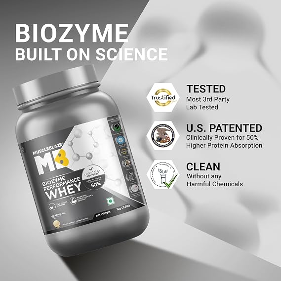 MuscleBlaze Biozyme Performance Whey Protein Powder, 1kg (2.2lbs)