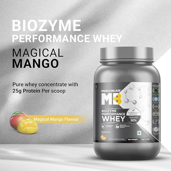 MuscleBlaze Biozyme Performance Whey Protein Powder, 1kg (2.2lbs)