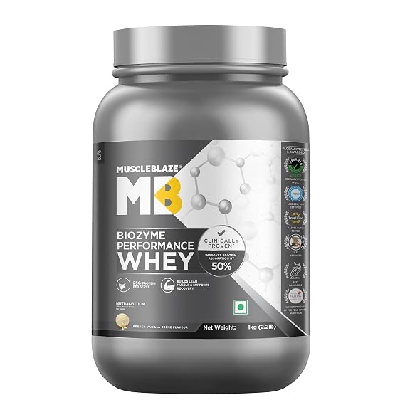 MuscleBlaze Biozyme Performance Whey Protein Powder, 1kg (2.2lbs)