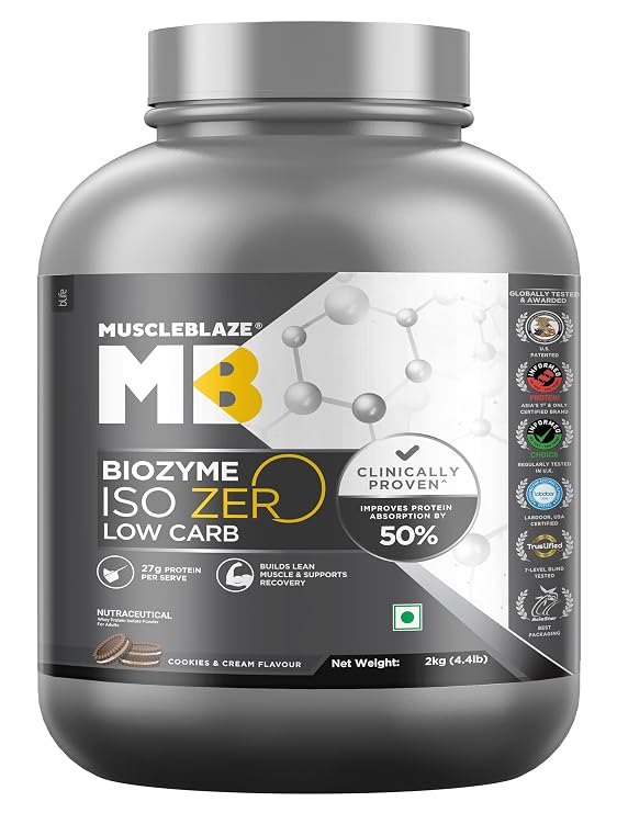 MuscleBlaze Biozyme Iso-Zero Whey Protein Isolate Powder, 2kg (4.4lbs)