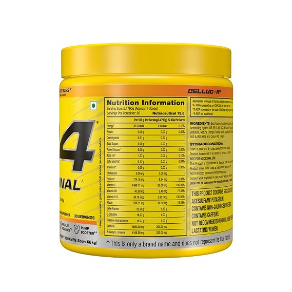 C4 Original Pre Workout Powder (Orange Burst), 200mg Caffeine Anhydrous with CarnoSyn® Beta-Alanine, L Citrulline, & Creatine HCL, Preworkout Powder for Men & Women, 30 Servings,164gm