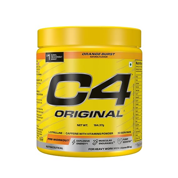 C4 Original Pre Workout Powder (Orange Burst), 200mg Caffeine Anhydrous with CarnoSyn® Beta-Alanine, L Citrulline, & Creatine HCL, Preworkout Powder for Men & Women, 30 Servings,164gm