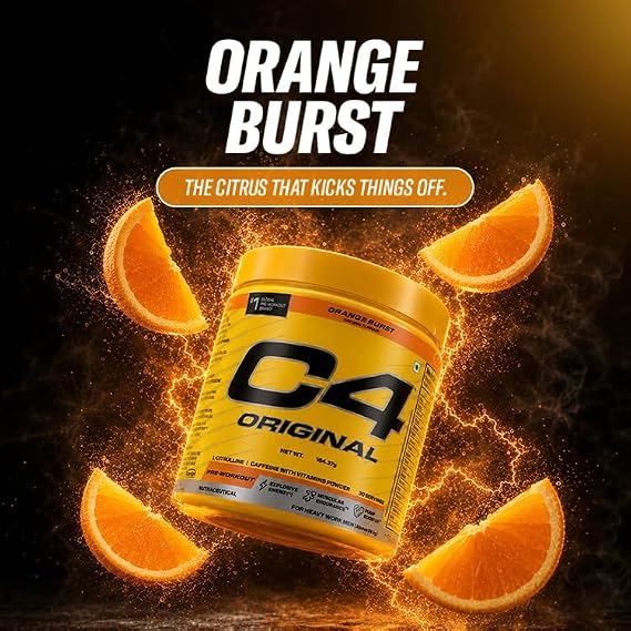 C4 Original Pre Workout Powder (Orange Burst), 200mg Caffeine Anhydrous with CarnoSyn® Beta-Alanine, L Citrulline, & Creatine HCL, Preworkout Powder for Men & Women, 30 Servings,164gm