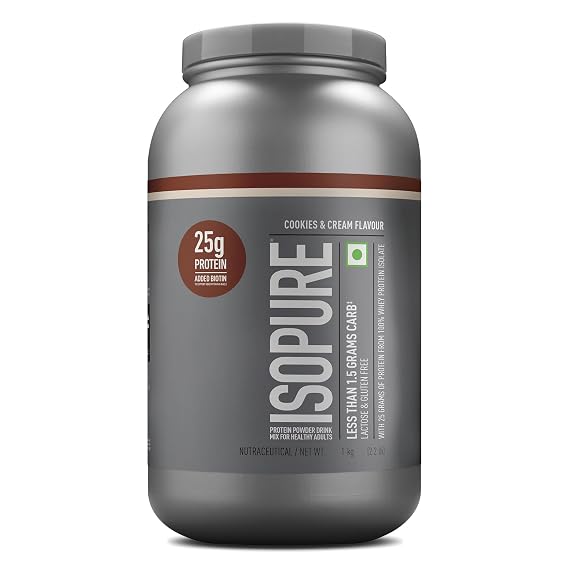 Isopure Whey Protein Isolate Powder with less than 1.5gm of Carbs and Vitamins for Immune Support - 1 kg Cookies & Cream, Vegetarian protein for Men & Women. Offer Pack