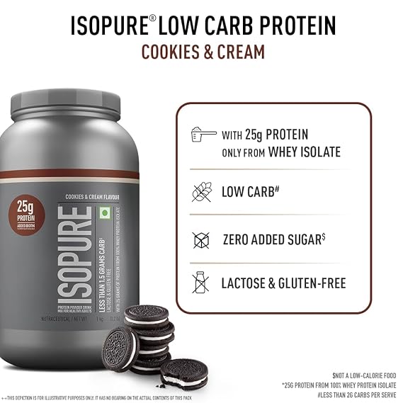 Isopure Whey Protein Isolate Powder with less than 1.5gm of Carbs and Vitamins for Immune Support - 1 kg Cookies & Cream, Vegetarian protein for Men & Women. Offer Pack