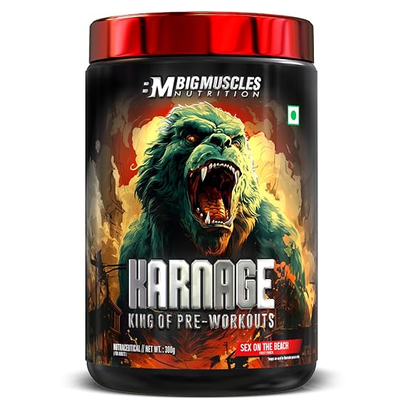 Bigmuscles Nutrition Karnage Pre workout (60 Servings, Sex On the Beach) | Pre-workout Supplement Supports to Improve Focus, Strength, Energy and Pump, Banned Substance Tested, Dope Free, 300g