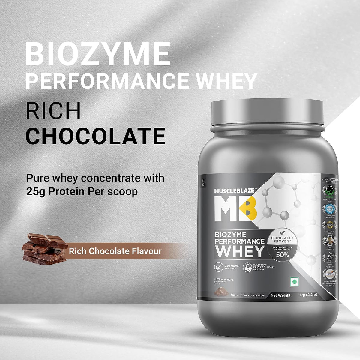 MuscleBlaze Biozyme Performance Whey Protein Powder, 1kg (2.2lbs)