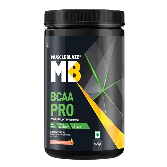 MuscleBlaze BCAA Pro Powder, Powerful Intra Workout (Fruit Splash, 450g, 30 Servings) | With 7g Vegan BCAAs, 1168mg Electrolytes & 2.5g Glutamine