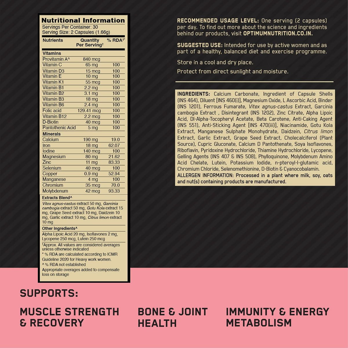 Optimum Nutrition (ON) Opti-Women Multivitamin Plus For Women | 60 capsules | 34 Performance Ingredients | Supports : Muscle Strength & Recovery, Joint & Bone Health, Overall Immunity & Energy, Healthy Metabolism | Designed in USA