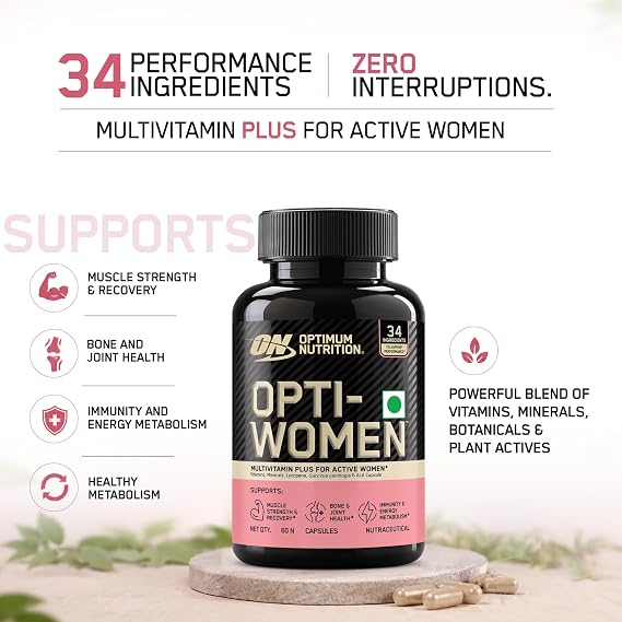 Optimum Nutrition (ON) Opti-Women Multivitamin Plus For Women | 60 capsules | 34 Performance Ingredients | Supports : Muscle Strength & Recovery, Joint & Bone Health, Overall Immunity & Energy, Healthy Metabolism | Designed in USA