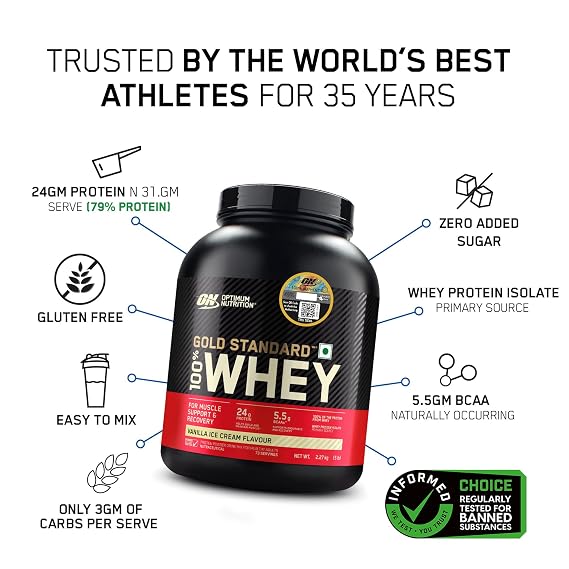Optimum Nutrition (ON) Gold Standard 100% Whey Protein Powder 5 lbs, 2.27 g (Vanilla Ice Cream), for Muscle Support & Recovery, Vegetarian - Primary Source Whey Isolate