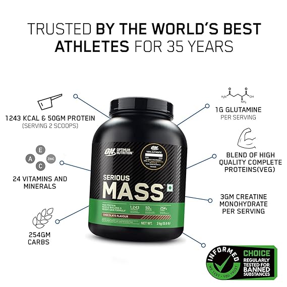 OPTIMUM NUTRITION (ON) Serious Mass High Protein High Calorie Weight Gainer Powder - 3 kg (Chocolate) with Vitamins and Minerals, Vegetarian
