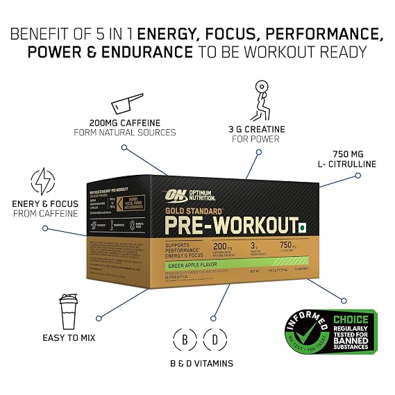 Optimum Nutrition Gold Standard Pre-Workout, Green Apple Flavour, 142.5 g, 15 Single-Serve Packs