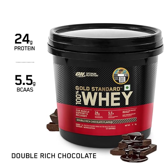 Optimum Nutrition (ON) Gold Standard 100% Whey Protein Powder 4 Kg (Double Rich Chocolate), for Muscle Support & Recovery, Vegetarian - Primary Source Whey Isolate
