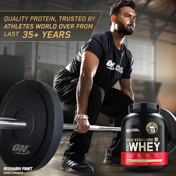 Optimum Nutrition (ON) Gold Standard 100% Whey Protein Powder 5 lbs, 2.27 g (Vanilla Ice Cream), for Muscle Support & Recovery, Vegetarian - Primary Source Whey Isolate
