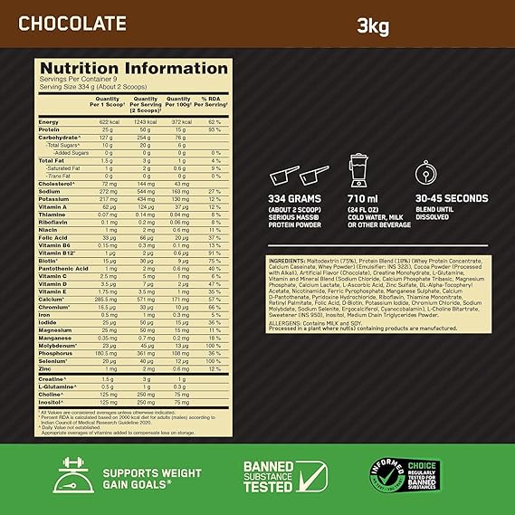 OPTIMUM NUTRITION (ON) Serious Mass High Protein High Calorie Weight Gainer Powder - 3 kg (Chocolate) with Vitamins and Minerals, Vegetarian
