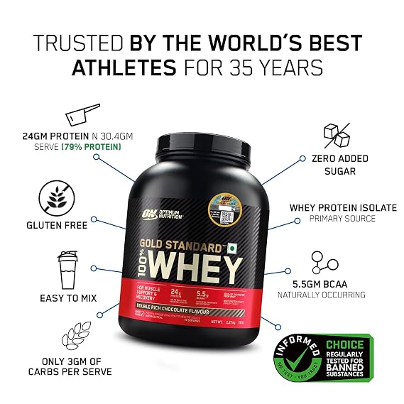 Optimum Nutrition (ON) RCB Limited Edition Gold Standard 100% Whey Protein Powder Double Rich Chocolate, 5 lb, 2.27 kg, for Muscle Support & Recovery, Vegetarian - Primary Source Whey Protein Isolate
