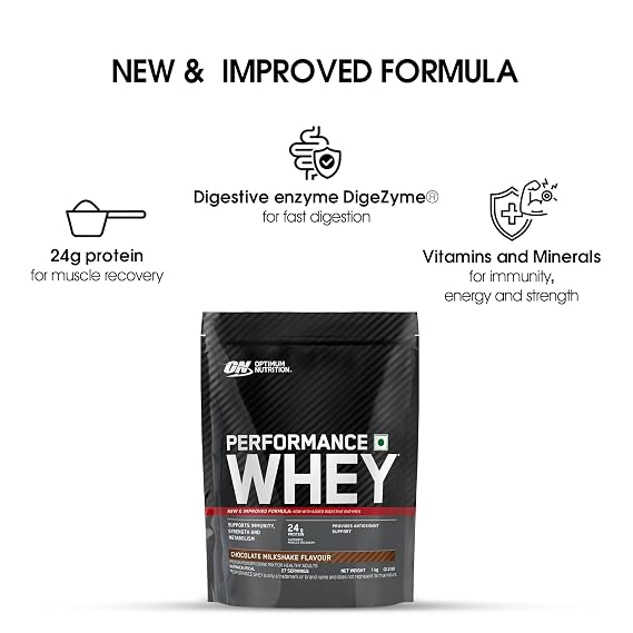 Optimum Nutrition (ON) Performance Whey Protein Powder, 24g Protein,1Kg (Chocolate Milkshake), Ultra-Filtered and Concentrated All-Whey Protein