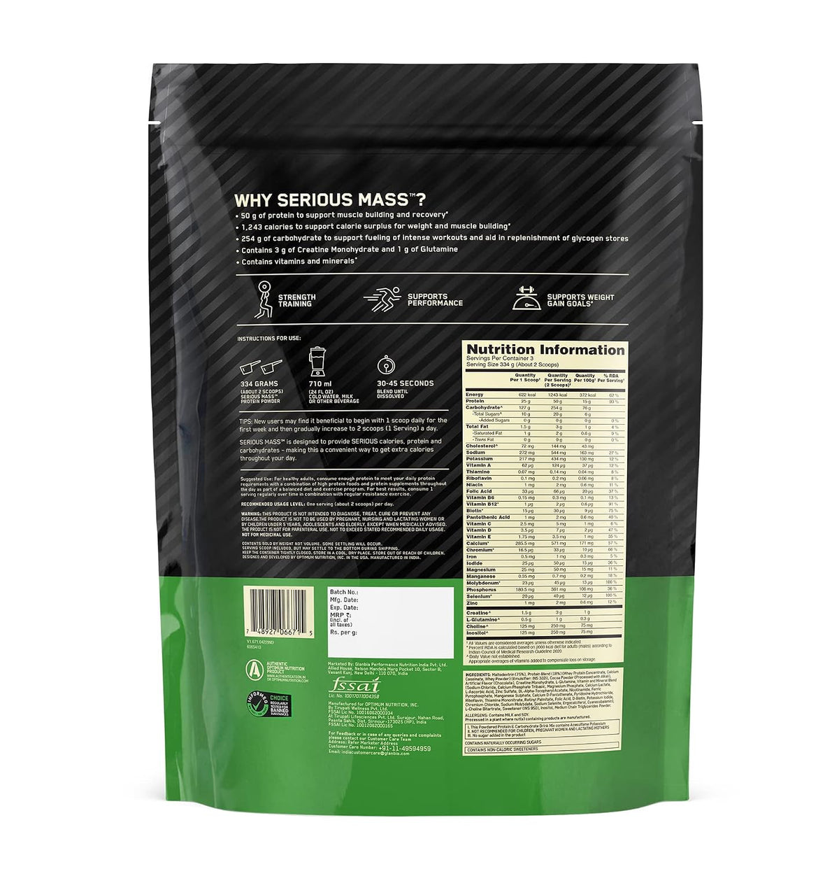 Optimum Nutrition (ON) Serious Mass High Protein High Calorie Weight Gainer Powder - 1 kg (Chocolate) with Vitamins and Minerals, Suitable for Vegetarians