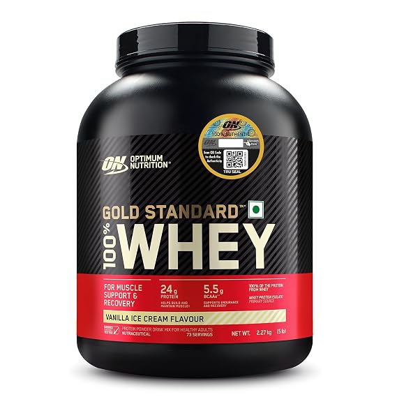 Optimum Nutrition (ON) Gold Standard 100% Whey Protein Powder 5 lbs, 2.27 g (Vanilla Ice Cream), for Muscle Support & Recovery, Vegetarian - Primary Source Whey Isolate