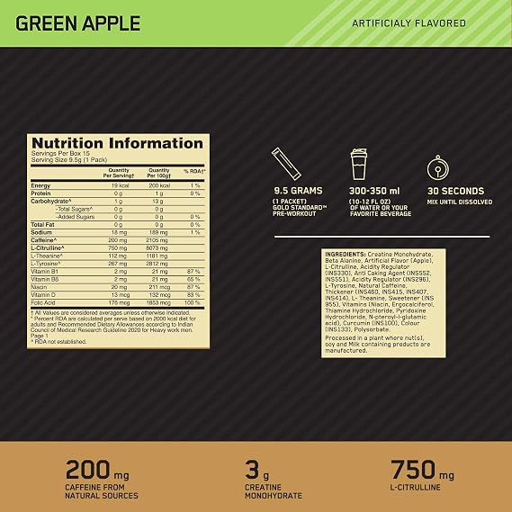 Optimum Nutrition Gold Standard Pre-Workout, Green Apple Flavour, 142.5 g, 15 Single-Serve Packs