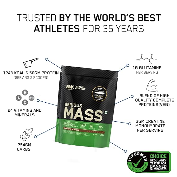 Optimum Nutrition (ON) Serious Mass High Protein High Calorie Weight Gainer Powder - 1 kg (Chocolate) with Vitamins and Minerals, Suitable for Vegetarians