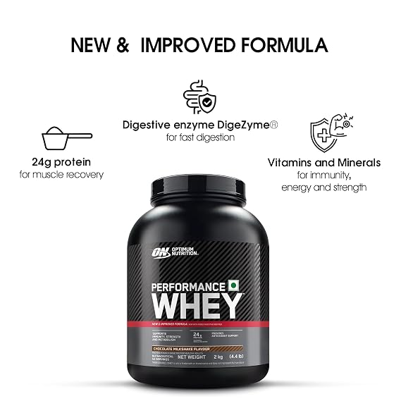 Optimum Nutrition (ON) Performance Whey Protein Powder, 24g Protein,2Kg (Chocolate Milkshake), Ultra-Filtered and Concentrated All-Whey Protein