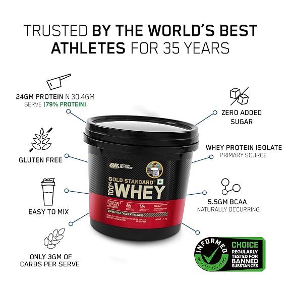 Optimum Nutrition (ON) Gold Standard 100% Whey Protein Powder 4 Kg (Double Rich Chocolate), for Muscle Support & Recovery, Vegetarian - Primary Source Whey Isolate