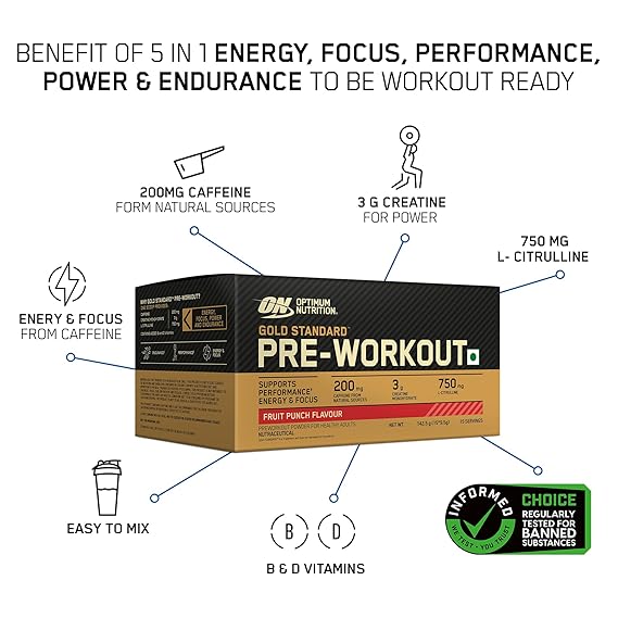 Optimum Nutrition Gold Standard Pre-Workout, Fruit Punch Flavour, 142.5 g, 15 Single-Serve Packs