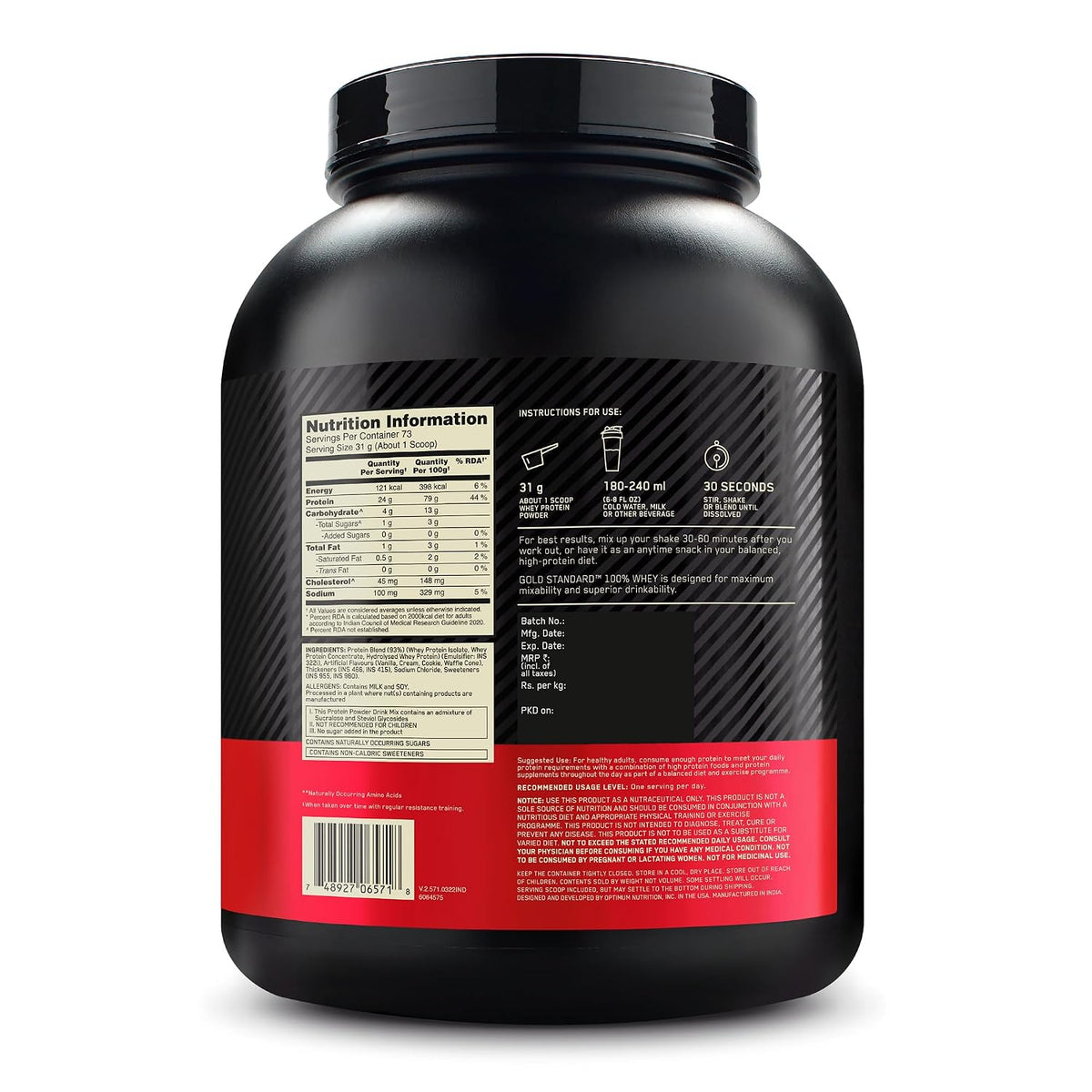 Optimum Nutrition (ON) Gold Standard 100% Whey Protein Powder 5 lbs, 2.27 g (Vanilla Ice Cream), for Muscle Support & Recovery, Vegetarian - Primary Source Whey Isolate