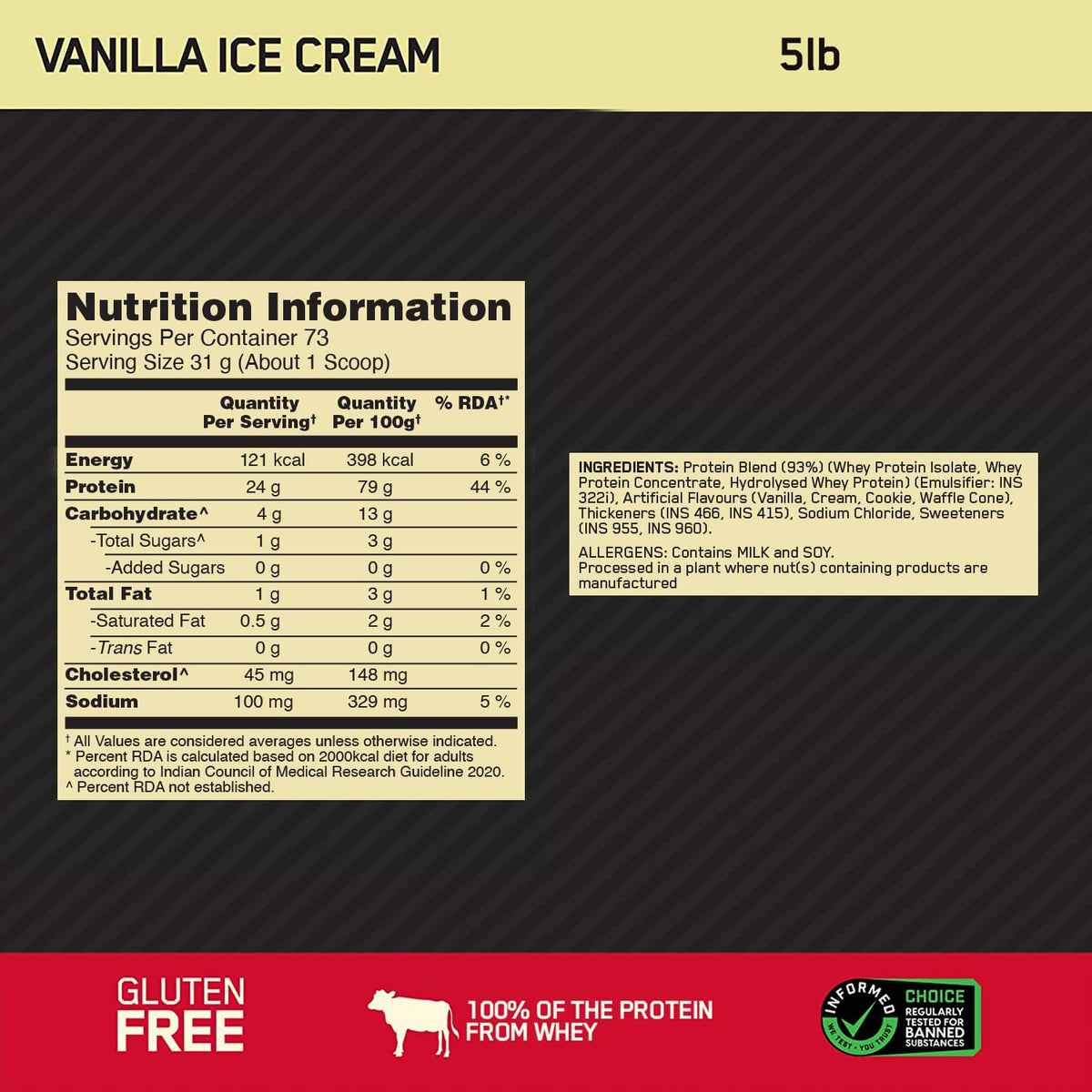 Optimum Nutrition (ON) Gold Standard 100% Whey Protein Powder 5 lbs, 2.27 g (Vanilla Ice Cream), for Muscle Support & Recovery, Vegetarian - Primary Source Whey Isolate
