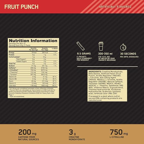 Optimum Nutrition Gold Standard Pre-Workout, Fruit Punch Flavour, 142.5 g, 15 Single-Serve Packs