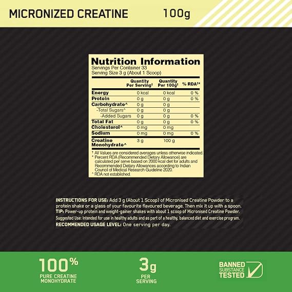 Optimum Nutrition Micronized Creatine, 100g, 33 Servings (Unflavoured)