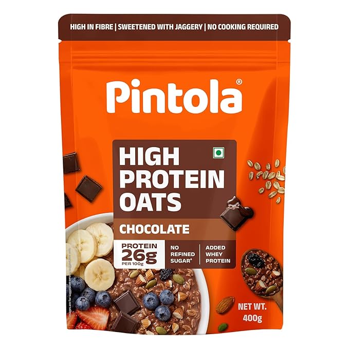 Pintola 26g High Protein Dark Chocolate Oats 400g, No Refined Sugar, with Almonds, Raisins, Pumpkin & Chia Seeds, 9.6g Fibre, Rolled Oats for Weight management, Breakfast Cereals