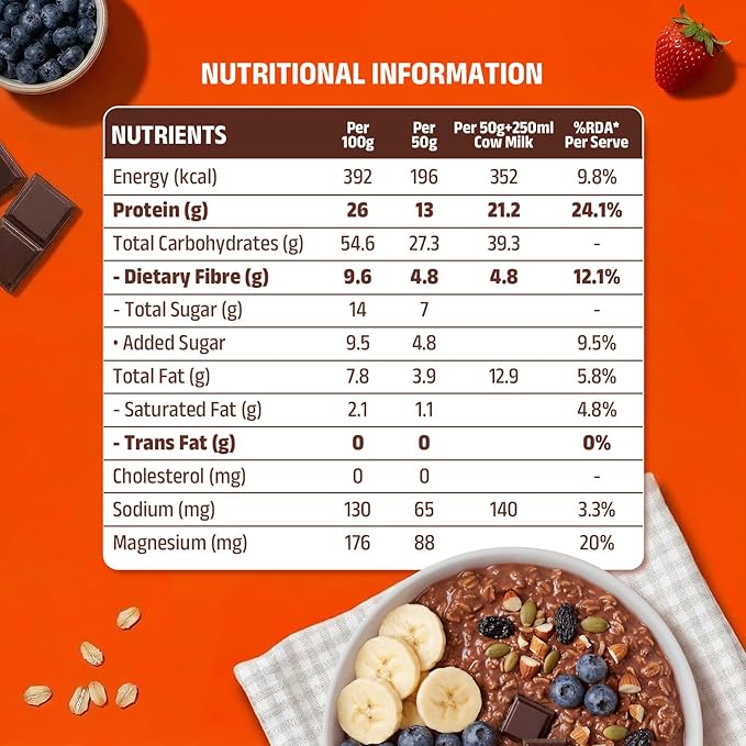 Pintola 26g High Protein Dark Chocolate Oats 400g, No Refined Sugar, with Almonds, Raisins, Pumpkin & Chia Seeds, 9.6g Fibre, Rolled Oats for Weight management, Breakfast Cereals