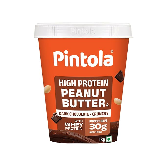 PINTOLA High Protein Peanut Butter Chocolate Flavour Crunchy 1kg, Added WHEY Protein, 30g Protein 6.2g Fiber, Dark Chocolate Peanut Butter Spread, Nut Butter Bread Snacks