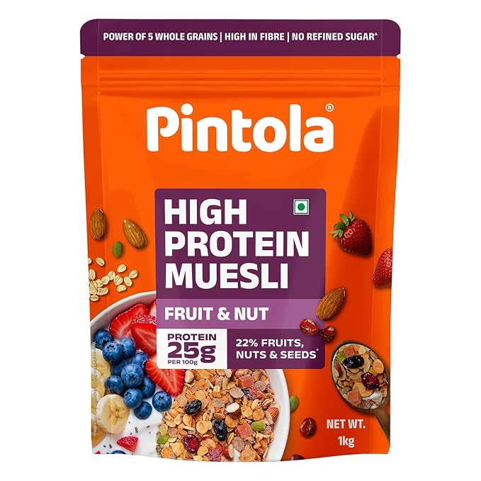 Pintola 25g High Protein Fruit & Nut Muesli 1kg, Naturally Sweetened with Organic Jaggery & Dates, No Refined Sugar, Breakfast Cereal