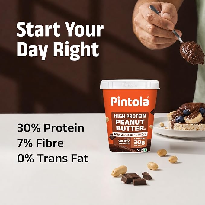 PINTOLA High Protein Peanut Butter Chocolate Flavour Crunchy 510g, Added WHEY Protein, 30g Protein 6.2g Fiber, Dark Chocolate Peanut Butter Spread, Nut Butter Bread Snacks