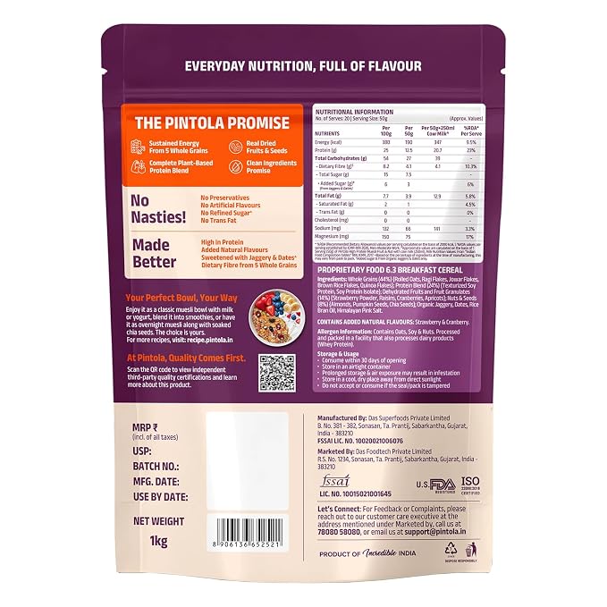 Pintola 25g High Protein Fruit & Nut Muesli 1kg, Naturally Sweetened with Organic Jaggery & Dates, No Refined Sugar, Breakfast Cereal